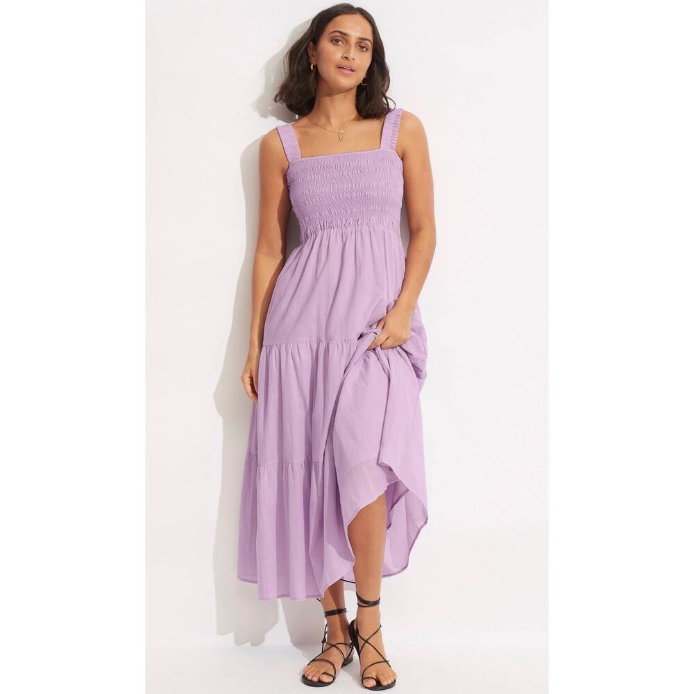 Seafolly Australia Lilac Boathouse Dress 100% Cotton Lined Smocked Airy Large